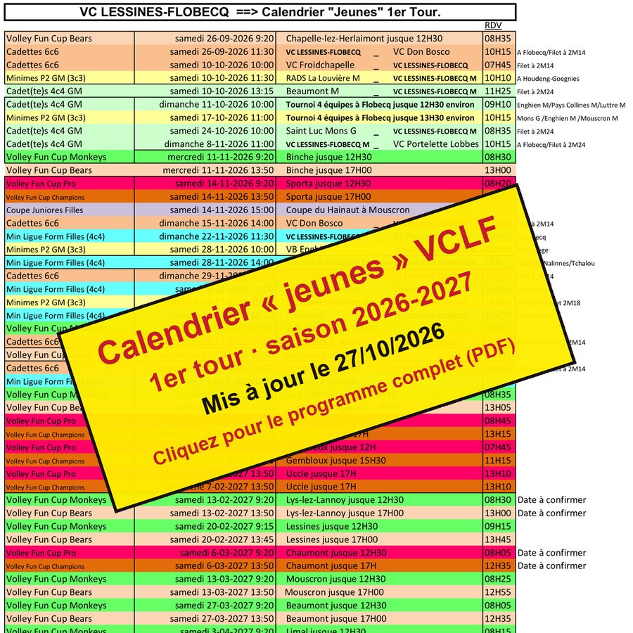 Calendrier des matchs de jeunes, premier tour 2026-2027